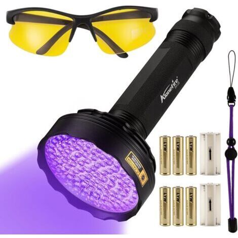 SV128 395nm Lampe Torche UV 128 LEDs Puissante Ultraviolet Lumière Noire Détecteur d'urine avec Lunettes de Protection UV, 6 Piles AA pour Fluoresceine, Durcissement de la Résine, Peinture