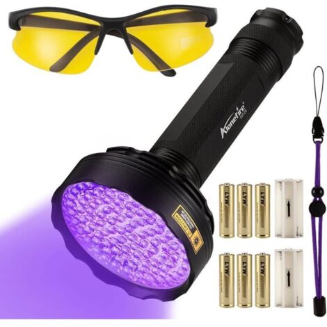 SV128 395nm Lampe Torche UV 128 LEDs Puissante Ultraviolet Lumière Noire Détecteur d'urine avec Lunettes de Protection UV, 6 Piles AA pour Fluoresceine, Durcissement de la Résine, Peinture