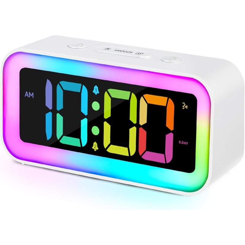 Sveglia ad alto volume per camera da letto con luce notturna RGB dinamica, adulto addormentato, doppia sveglia, variatore, caricatore USB, orologio