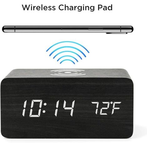 Sveglia con caricatore wireless, orologio digitale a LED, controllo del volume, visualizzazione di ora, data e temperatura - Nera (per camera da letto, ufficio e casa)
