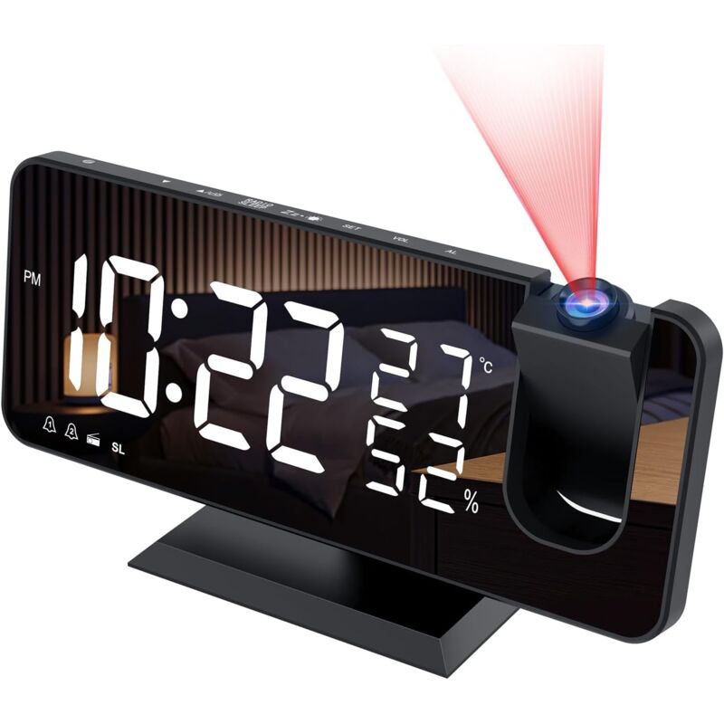 Image of Sveglia con proiettore con radio, orologio digitale, sveglia radio USB con doppio allarme e schermo a specchio a 7 LED, funzione snooze, 4 livelli di