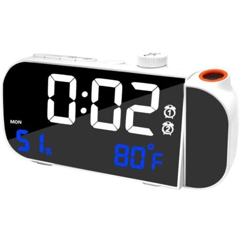 Sveglia con proiettore da soffitto con indicazione di temperatura e umidità, funzione sleep, luminosità e volume regolabili, ricarica USB, formato 12/24 ore - Bianco