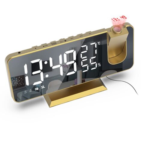 Sveglia con proiettore, radiosveglia con temperatura, umidità, display LED a specchio da 7,5 pollici, doppia sveglia con snooze, 4 livelli di luminosità dello schermo con funzione di oscuramento autom