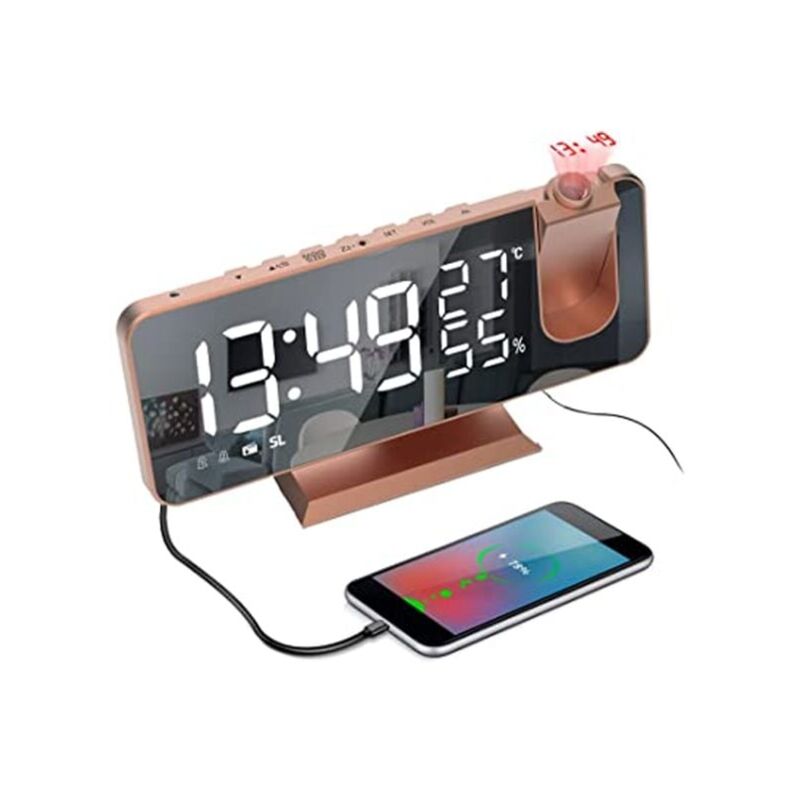 Image of Sveglia con proiezione a soffitto Orologio digitale con schermo a specchio dimmer e proiettore 15 volumi 2 suonerie Radio FM Sveglia - Oro rosa