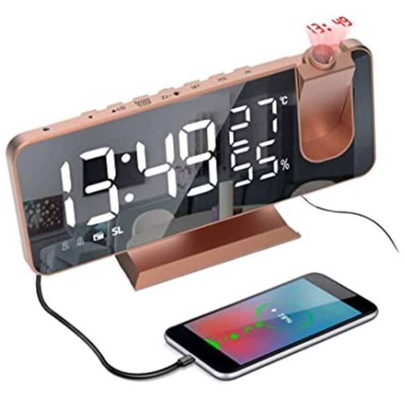 Image of Sveglia con proiezione a soffitto Orologio digitale con schermo a specchio e dimmer per proiettore 15 volumi 2 suonerie Radio fm Sveglia - Oro rosa