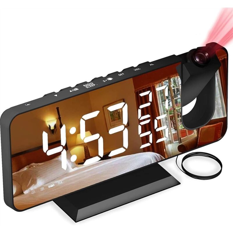 Image of Sveglia con proiezione, sveglia digitale a LED con superficie a specchio, porta di ricarica USB, snooze, doppia sveglia, radio FM, temperatura