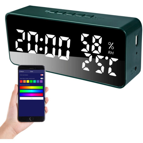 Sveglia da camera con 5 allarmi, display a specchio a LED, funzione snooze, conto alla rovescia, visualizzazione di data, temperatura e umidità, luminosità regolabile e volume regolabile.