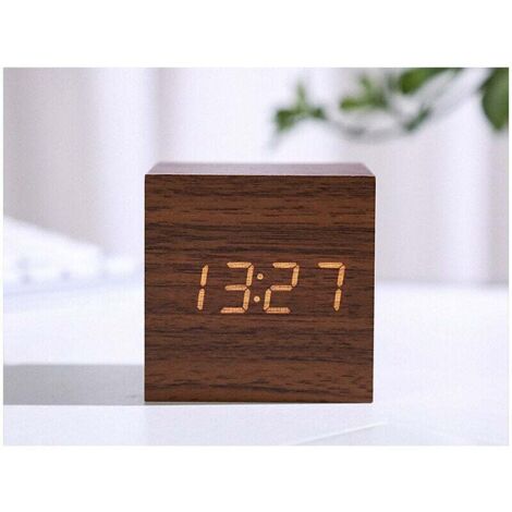 Sveglia digitale a cubo di legno con display elettronico a LED e mini orologio da tavolo con design a cubo di legno, timer con controllo vocale, calendario e luce verde
