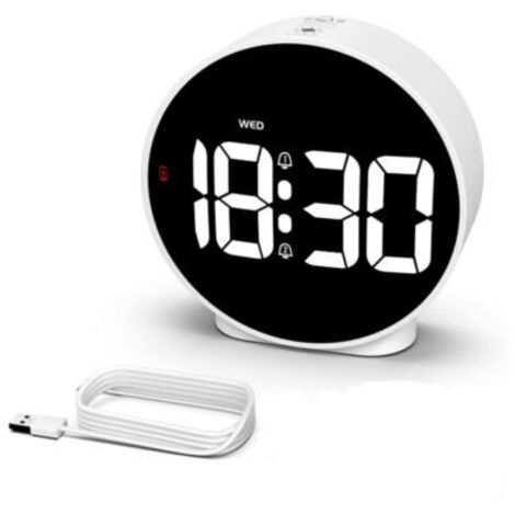 Sveglia digitale a LED bianca, con indicazione del giorno, funzione snooze, 4 livelli di luminosità regolabili, 2 allarmi, a batteria, ideale per bambini, ragazzi e anziani.