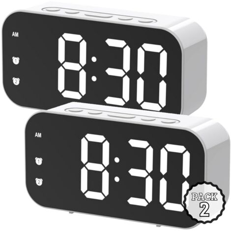 Sveglia digitale con doppio allarme, schermo LED, specchio HD, luce notturna calda vocale, luminosità regolabile, temperatura in tempo reale, silenziosa, bianca, confezione da 2