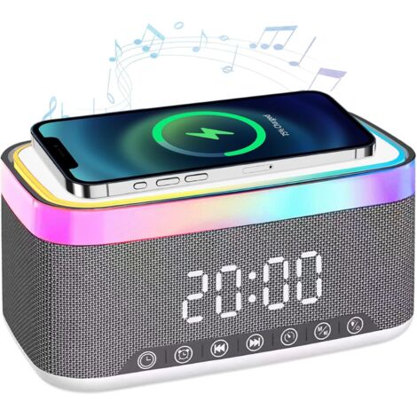 Sveglia digitale con luce e stazione di ricarica, sveglia digitale 3 in 1 con altoparlante Bluetooth, caricabatterie wireless da 15 W, doppia sveglia, luce ambientale a 6 colori