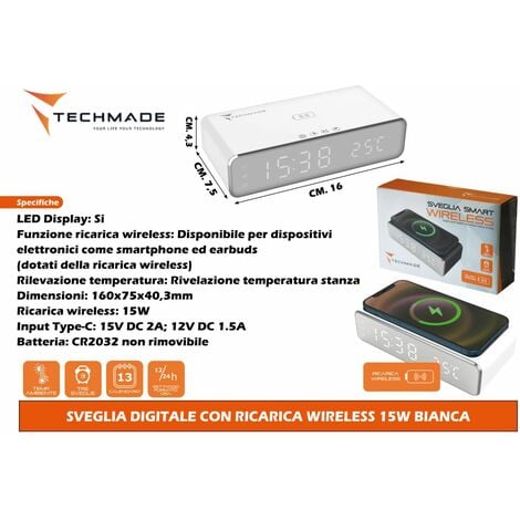 Techmade Sveglia con Ricarica Wireless Smartphone 15W Silver