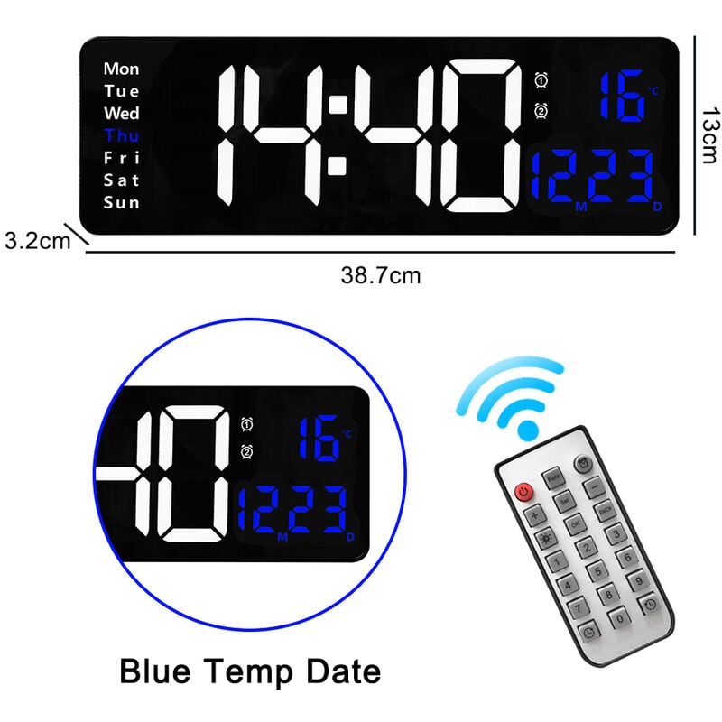 Image of Insma - Sveglia digitale da parete 38x13 cm con telecomando Orologio con schermo led grande da 16'', conto alla rovescia, sveglia con