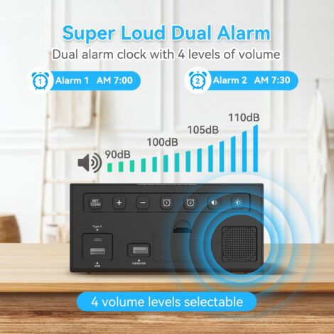 Sveglia digitale, doppia sveglia con modalità giorno feriale/fine settimana, caricabatterie USB tipo C, volume e luminosità regolabili su 5 livelli, snooze, 12/24 ore, ora legale (blu)