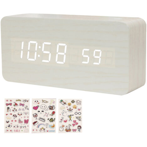 Sveglia digitale in legno, 8 livelli di luminosità, display a LED per ora/data/temperatura, volume regolabile, modalità giorno feriale/fine settimana.