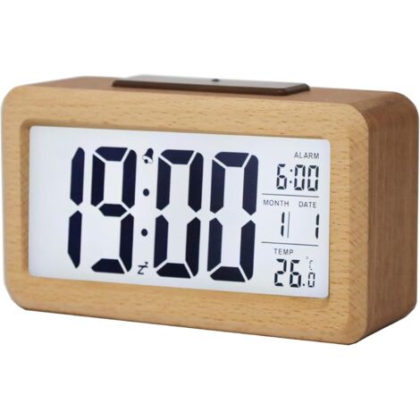 Sveglia digitale in legno, ampio display LED, luce notturna con sensore intelligente, funzione snooze e temperatura, a batteria, sveglia cubica per camera da letto, scrivania e comodino