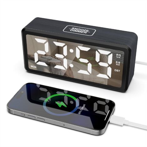Sveglia digitale in legno con ampio display LED per camera da letto, dimmerabile, doppia sveglia, porta di ricarica USB, modalità snooze, giorno feriale/fine settimana, nero