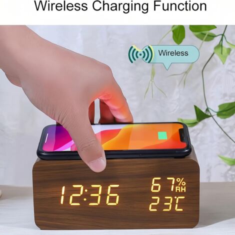 Sveglia digitale in legno con controllo del suono a LED, base di ricarica wireless, display di temperatura e umidità e luminosità regolabile, ideale per la camera da letto e l'ufficio domestico (marro