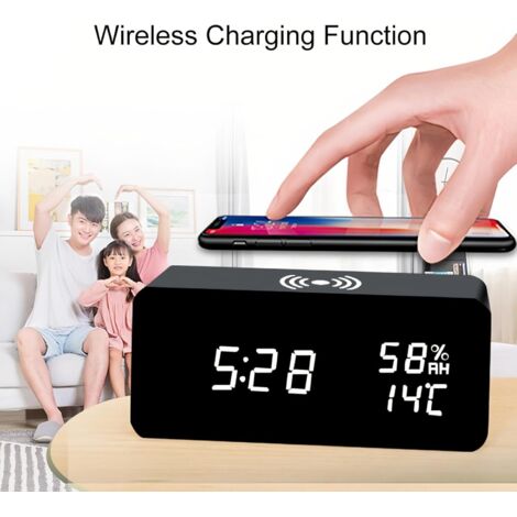 Sveglia digitale in legno con controllo del suono a LED, base di ricarica wireless, display di temperatura e umidità e luminosità regolabile, ideale per la camera da letto e l'ufficio domestico (nera)
