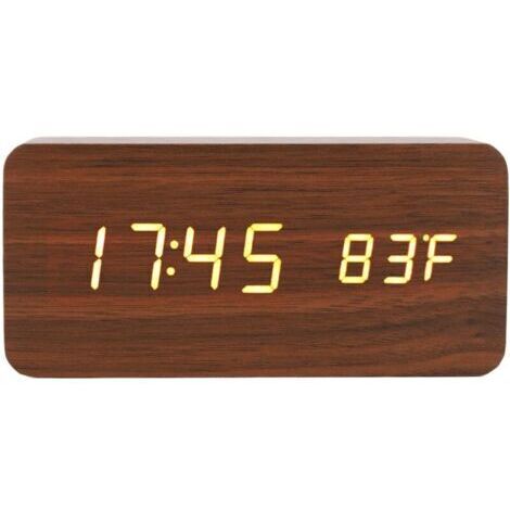 Sveglia digitale in legno con grande display LED, 3 livelli di luminosità, indicazione di temperatura e umidità per camera da letto, ufficio o comodino.