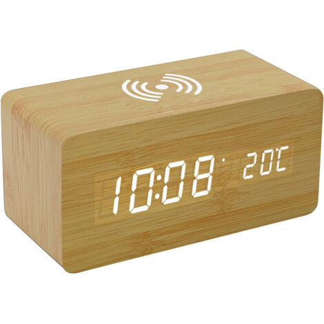 Sveglia digitale in legno con ricarica wireless, 3 allarmi, display a LED e controllo del volume. Ideale per la camera da letto, il comodino o la scrivania. Un regalo perfetto per bambini e amici.