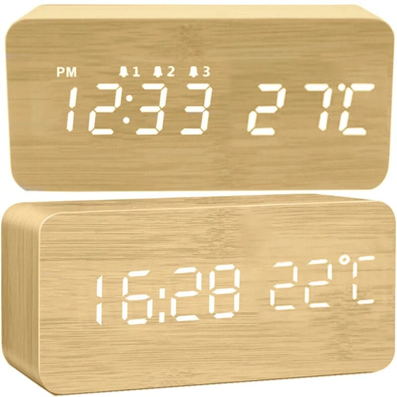 Image of Sveglia digitale in legno effetto legno 3D led orologio da parete digitale orologio da parete data temperatura 12h 24h sveglia usb camera da letto