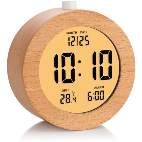 Sveglia Digitale in Legno per Camera da Letto, Sveglia a Batteria da 4 Pollici con Funzione Snooze e Luce Notturna, Orologio da Tavolo Elettronico LCD Display Ora, Data, Temperatura, 12/24 Ore