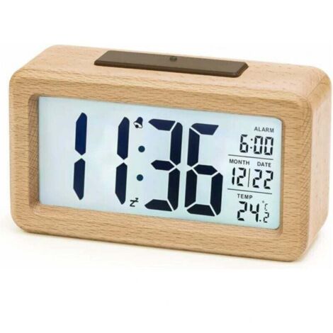 Sveglia digitale in legno, sveglia a LED, orologio digitale senza ticchettio con visualizzazione della data, della temperatura e funzione snooze.