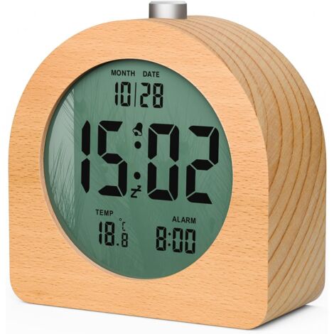 Sveglia digitale in legno Sveglia mattutina multifunzione Orologio digitale LCD senza ticchettio con funzione snooze, visualizza data e temperatura, retroilluminazione calda, 12/24 ore (Legno grezzo)