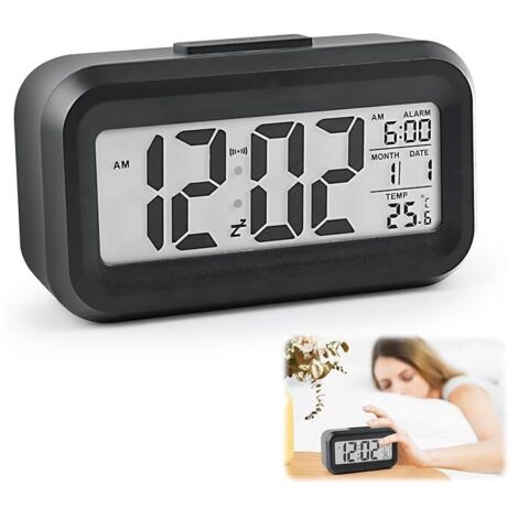 Sveglia digitale KZQ, sveglia digitale LCD a batteria con grande schermo con temperatura, data, funzione snooze, sveglia da viaggio, sveglia luminosa, orologio digitale portatile a batteria per camera