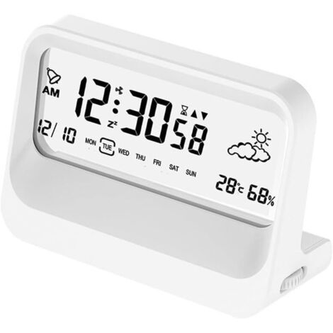 Sveglia digitale multifunzione con visualizzazione di ora, data e temperatura e funzione snooze luce notturna 12/24 ore funzionamento a batterie adatta per camera da letto, ufficio e viaggi (bianca).