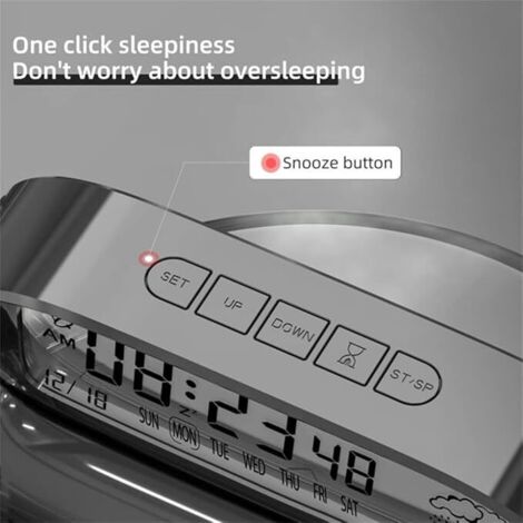 Sveglia digitale nera con luce notturna e indicatore di temperatura volume elevato, adatta all'uso da parte di adulti in camera da letto.