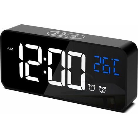 Sveglia digitale, orologio digitale a LED con visualizzazione della temperatura/snooze/2 sveglie/ora 12/24 ore/porta di ricarica USB/16 melodie (nero)