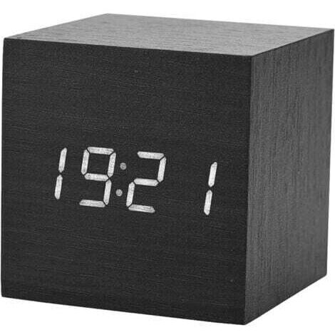 Sveglia digitale, orologio digitale a LED con visualizzazione di data e temperatura, 3 allarmi, 4 livelli di luminosità, alimentazione a batteria o tramite USB [Nero, legno, luce bianca]