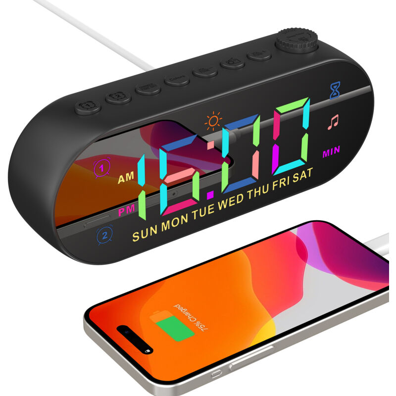 Image of Sveglia digitale per camera da letto, luce sveglia, sveglia led colorata a batteria con funzione snooze, radio fm, 8 suonerie, 12/24 ore, porta di