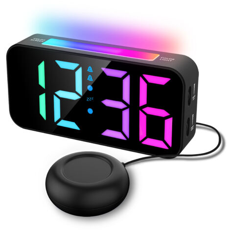 Sveglia digitale per chi ha il sonno pesante, sveglia ad alto volume con vibrazione, luce notturna, display colorato, sveglia con vibrazione per persone sorde, comodino per camera da letto (nero)