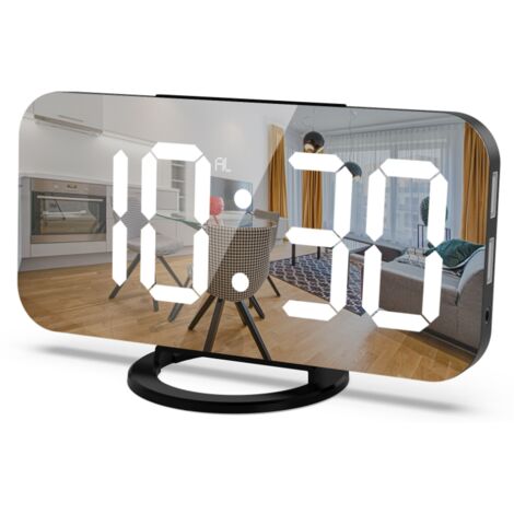Sveglia digitale, schermo da 6,5" con modalità di attenuazione, luminosità regolabile, 2 porte di ricarica USB, (bianco su nero)