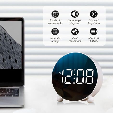Sveglia digitale, sveglia con display LED rotondo, piccola sveglia digitale a doppia suoneria, 3 livelli di luminosità regolabili, sveglia da tavolo silenziosa, sveglia da comodino con suono, adatta p