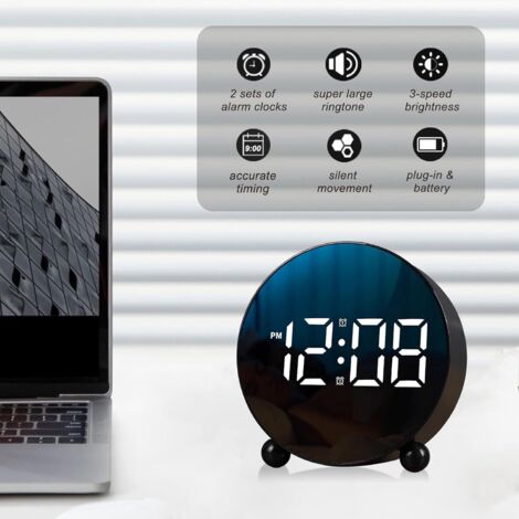 Sveglia digitale, sveglia con display LED rotondo, piccola sveglia digitale con doppia suoneria, 3 livelli di luminosità regolabili, sveglia da tavolo silenziosa, potente sveglia da comodino, adatta p