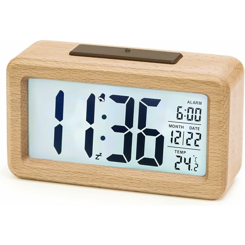Image of Sveglia digitale, sveglia digitale in legno con modulo sensore, orologio da tavolo con ampio display, datario, display temperatura, luce notturna,
