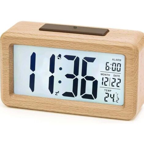 Sveglia digitale, sveglia in legno a batteria con ampio display LCD, orologio digitale con retroilluminazione, data, temperatura, sensore di luce automatico, funzione snooze (3 batterie AAA incluse)