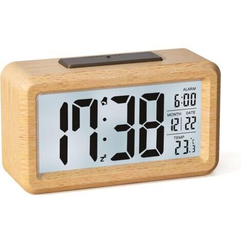 Sveglia digitale, sveglia in legno a batteria con ampio schermo LCD, orologio digitale con retroilluminazione, data, temperatura, sensore di luce automatico, funzione snooze