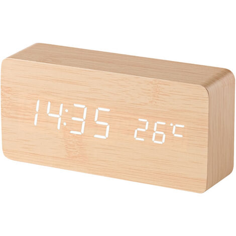 Sveglia digitale ThreeH, 3 set di sveglie e controllo vocale, elegante sveglia da scrivania in legno con display della temperatura per casa, cucina, orologio da scrivania AC11 GialloBianco