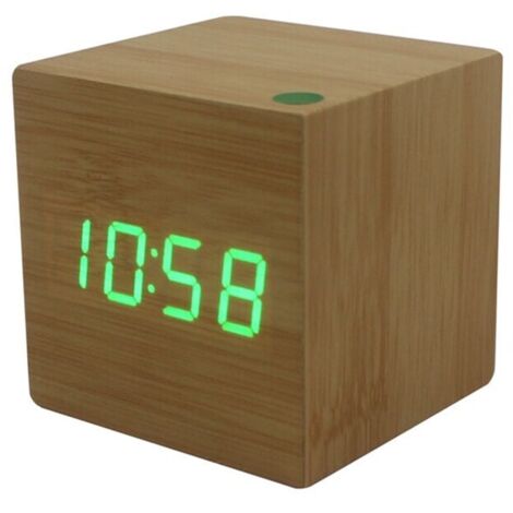 Sveglia elettronica a LED in legno con display digitale, silenziosa, a forma di cubo.