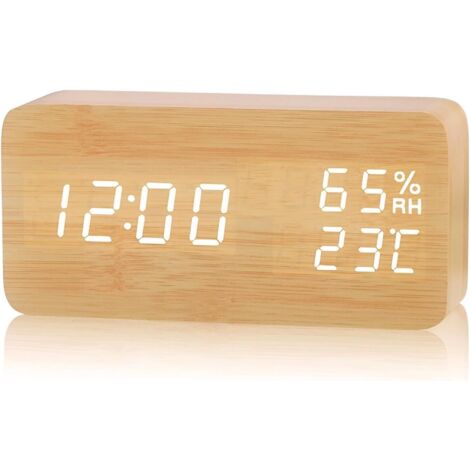 Sveglia elettronica a LED in legno, orologio digitale con 3 impostazioni di allarme, sveglia digitale alimentata tramite USB, visualizzazione di ora, temperatura e umidità, 12/24 ore