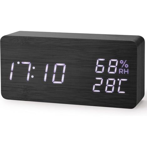 Sveglia elettronica a LED, sveglia digitale in legno, temperatura e umidità, funzionamento tramite porta di ricarica USB (nero)