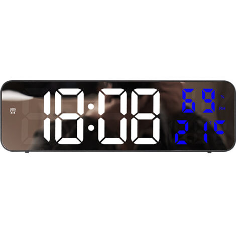 Sveglia elettronica con ampio schermo a specchio, display digitale a LED, sveglia da sedia, sveglia elettronica a spina - cassa nera, bianca e blu.