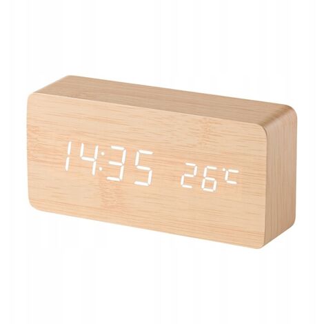Sveglia in legno con termometro a bilanciere, alimentata tramite USB o batterie