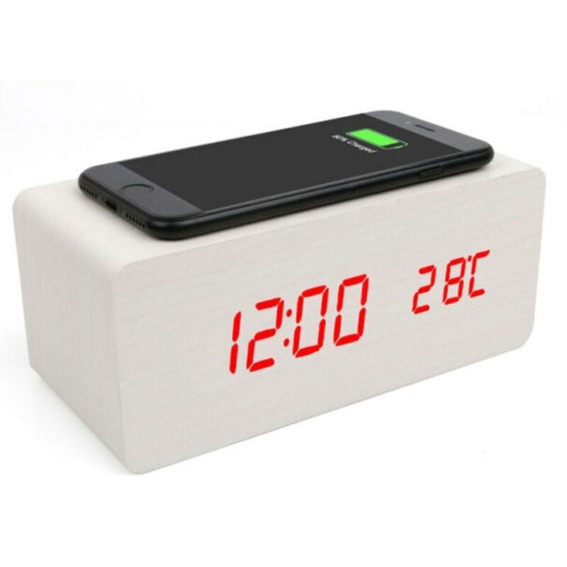 Image of Piu Forty - sveglia in legno led rossi con funzione di ricarica smartphone x-rover bianca