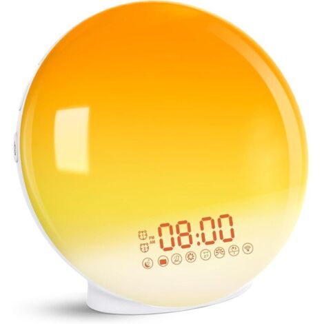 Sveglia luminosa con simulazione di alba e tramonto, due sveglie, 7 suoni della natura, radio FM e funzione snooze, per adulti e bambini